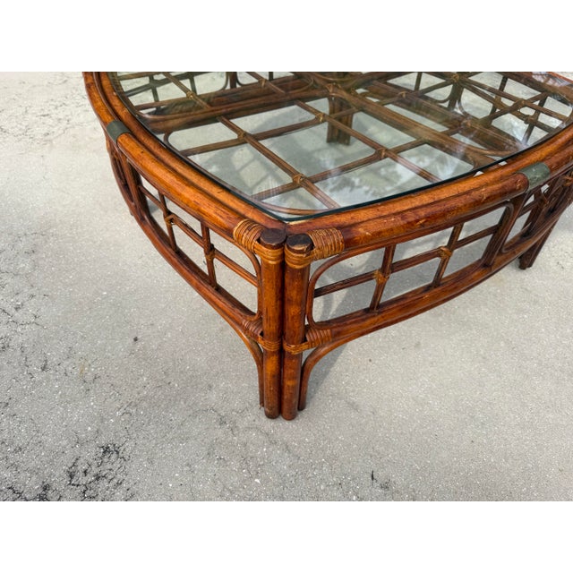 Wood Vintage Tortoise Bamboo Rattan Square Coffee Table With Glass Top For Sale - Image 7 of 12