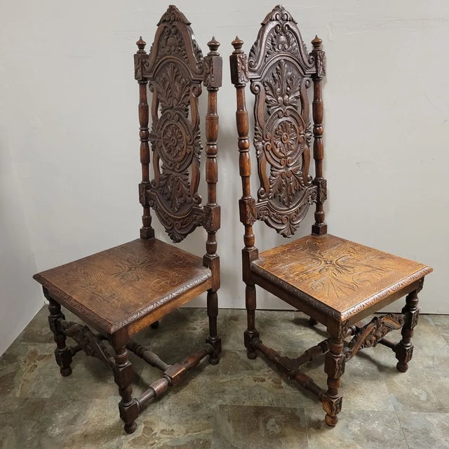 19th C English Jacobean English Carved Oak Hall Chairs - a Pair For Sale - Image 11 of 11