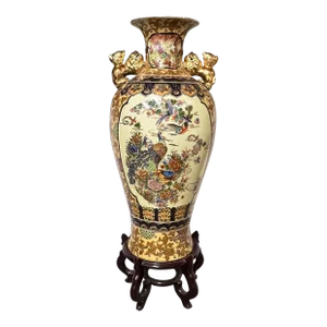 Chinoiserie Floor Vase on Stand Depicting Peacocks, Birds and Flowers
