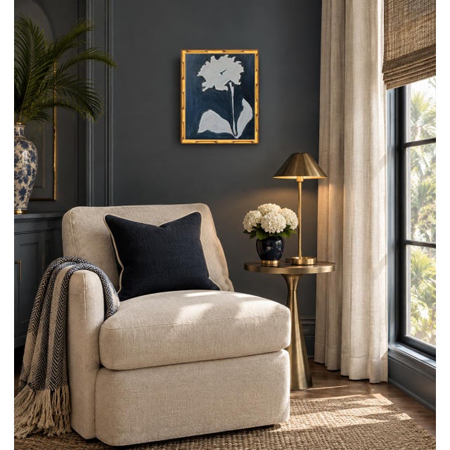 Finished in a gilded gold bamboo-style frame that beautifully complements the warm gold outlines against the deep grey....