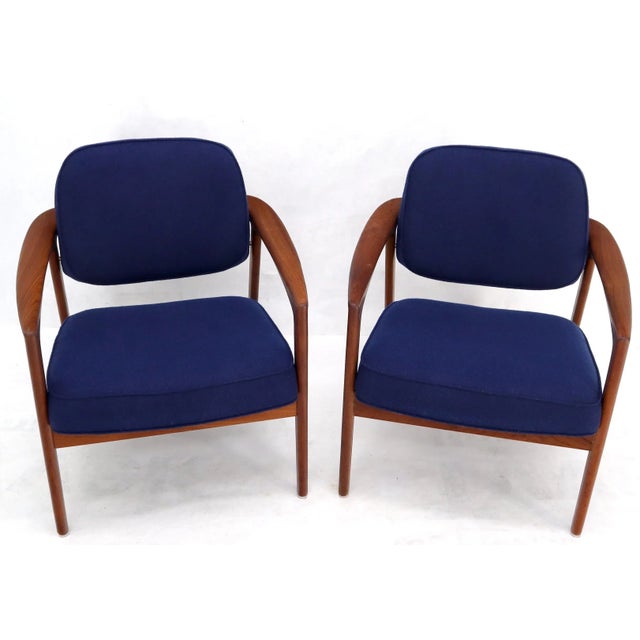 Pair of New Blue Upholstery Teak Danish Mid-Century Modern Arm Lounge Chairs For Sale - Image 9 of 13
