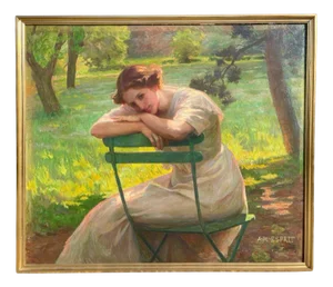Anne-Marie Esprit, Young Woman Seated in a Garden, Oil Painting
