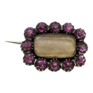 Circa 1820 14K Gold Georgian Mourning Pin with Purple Paste Stones