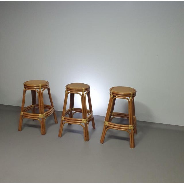 3 x Bamboo stool with leather laces / 70s.Height 77 Depth 48 x 48 cm.