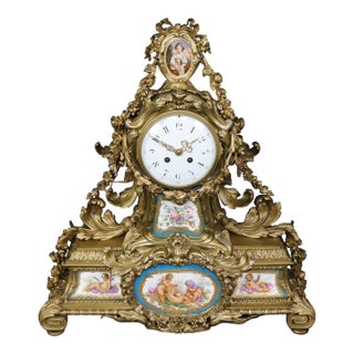 Fine Quality French Bronze Sevres Style Figural Placques Adorned Mantel Clock For Sale