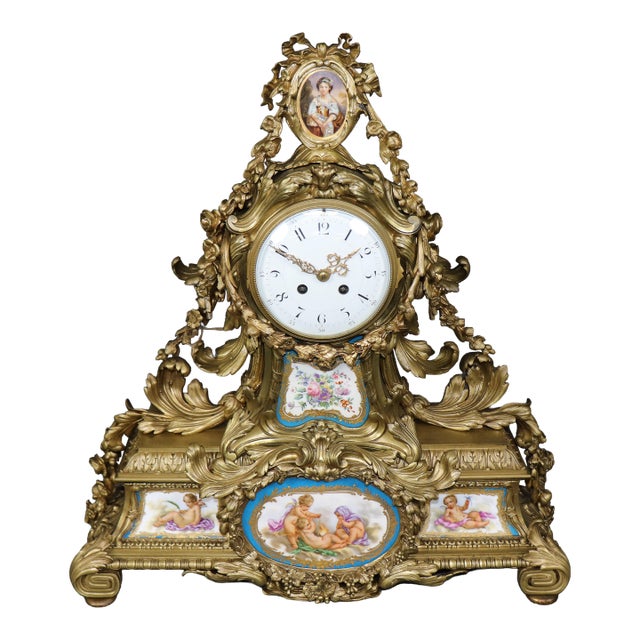 Fine Quality French Bronze Sevres Style Figural Placques Adorned Mantel Clock For Sale
