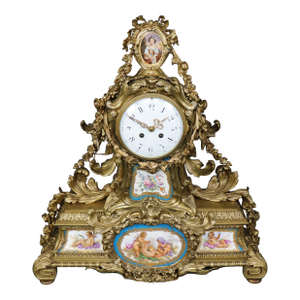 Fine Quality French Bronze Sevres Style Figural Placques Adorned Mantel Clock