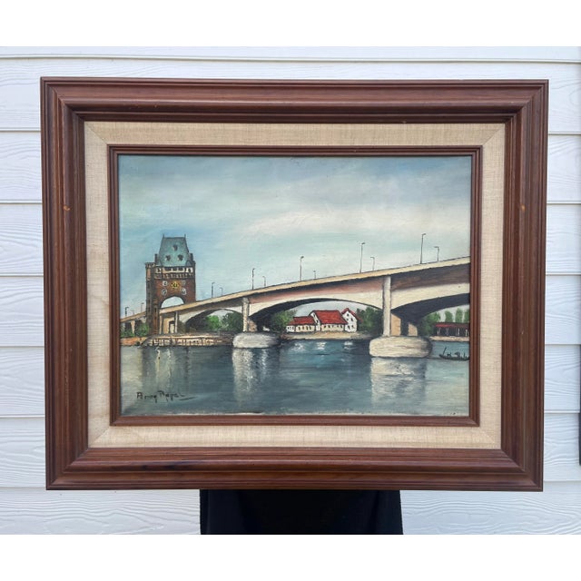 Rustic European Still Life Rhine River Bridge Framed Original Oil Painting For Sale In Houston - Image 6 of 12