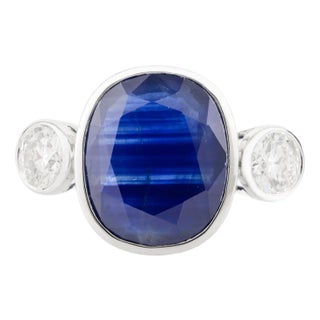 6.75 Ct Certified Blue Sapphire Diamond 18k Gold Cocktail Ring Size 5.5 For Sale