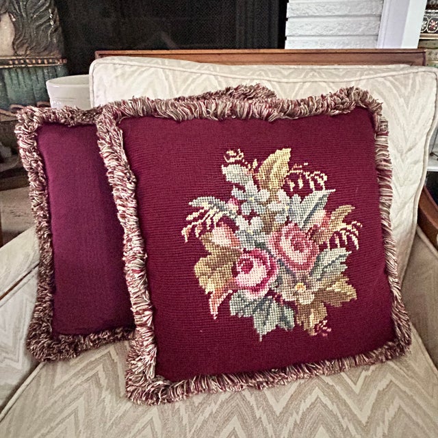 Vintage Burgundy Floral Needlepoint Pillows With Silk Backs, Pair For Sale - Image 9 of 10