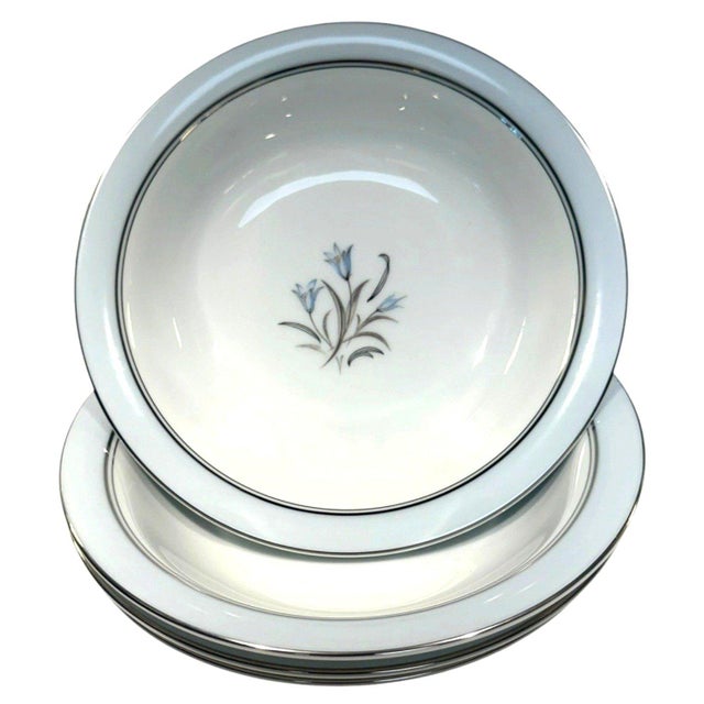Traditional Noritake Bluebell 5558 Rim Soup Bowls Blue Floral Platinum Trim Japan Set of 4 For Sale - Image 3 of 6