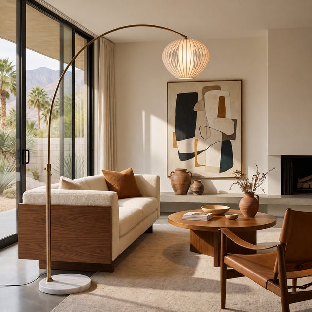 Mid-Century Modern Float Arc Floor Lamp, Weathered Brass, White Satin Shade, Marble Base, 92" Height For Sale - Image 3 of 5