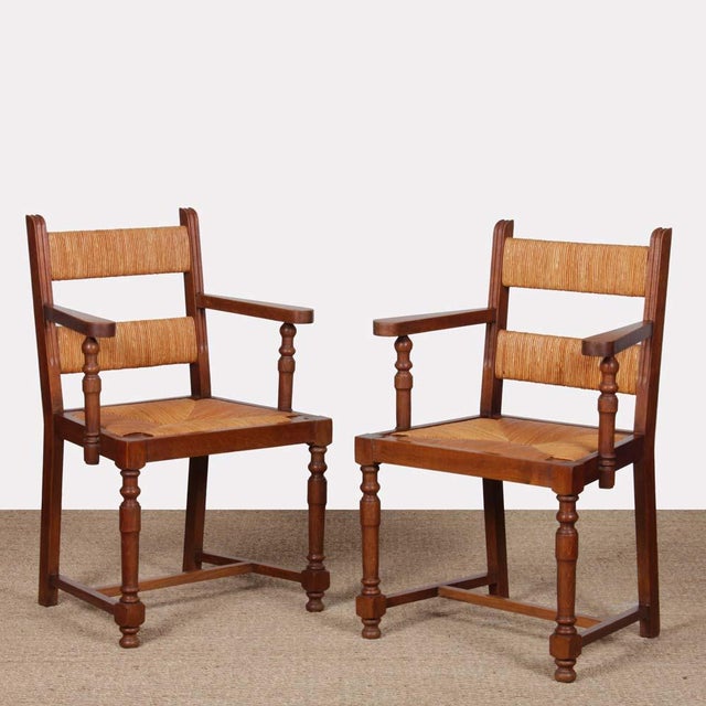 Brown Oak Straw-Seated Armchairs, 1950s, Set of 2 For Sale - Image 8 of 8