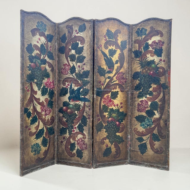 Antique French Hand-Painted Leather 4-Fold Room Divider Screen, 1890s For Sale - Image 10 of 10