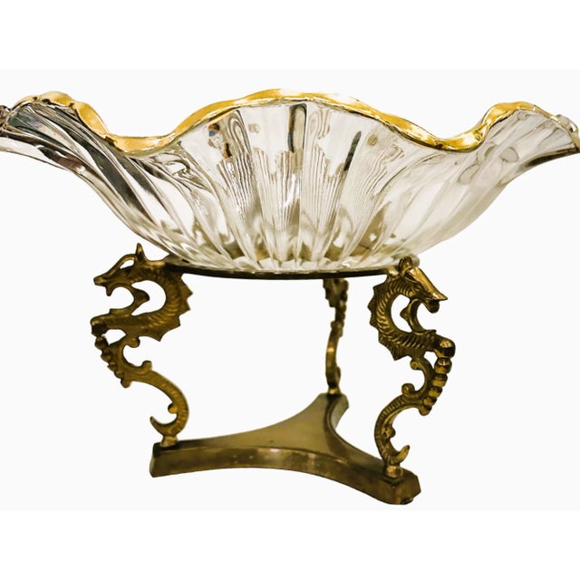 Bronze Vintage Glass Scalloped Serving Bowl With Gold Rimmed Edges on Bronze Pedestal For Sale - Image 8 of 8