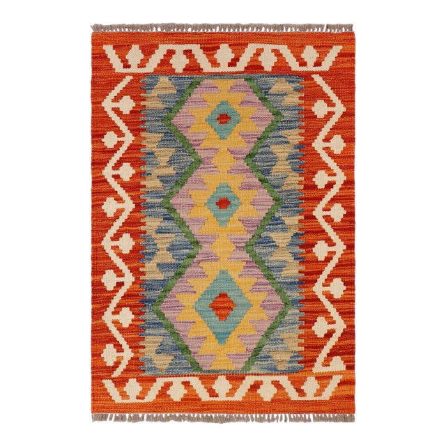 Boho Chic Turkish Kilim Rust Beige Hand-Woven Wool Rug For Sale