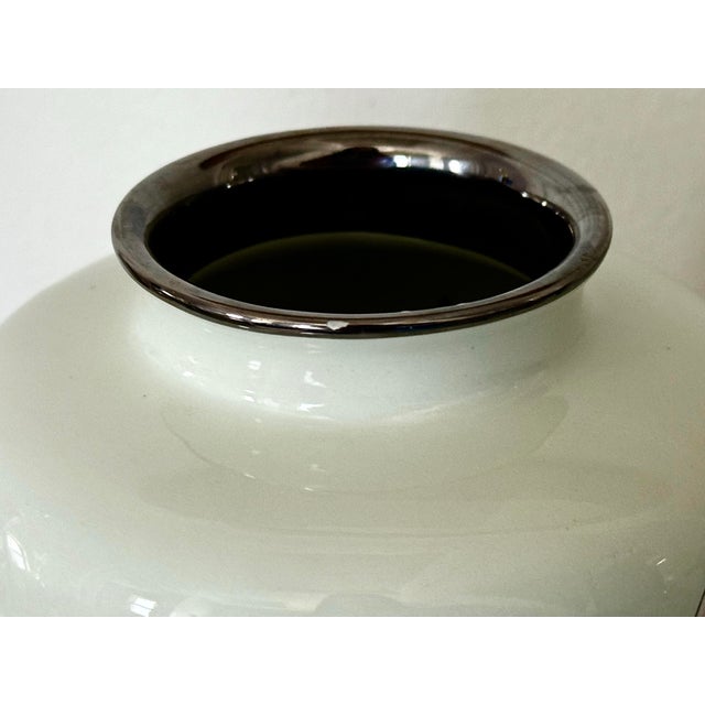 Metal Cloisonné‑Style Hand‑Painted Porcelain Vase With Silver Trim For Sale - Image 7 of 7
