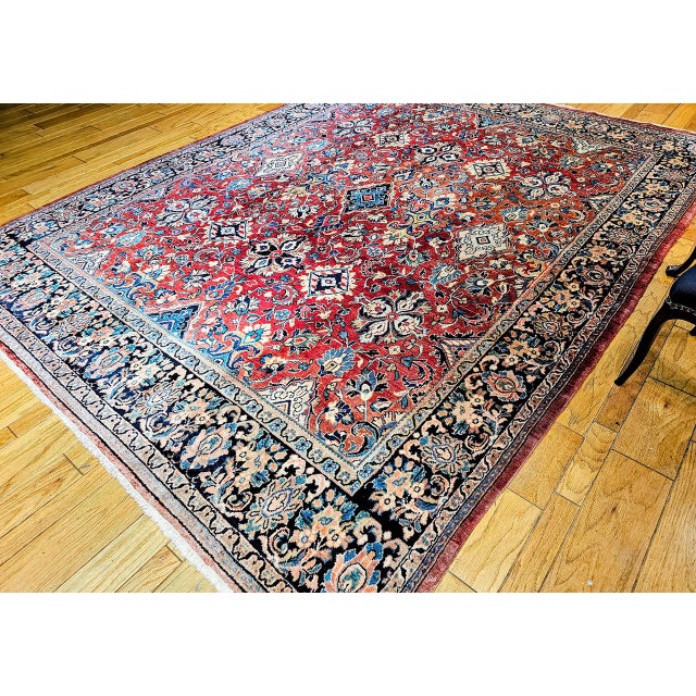 Persian Vintage Persian Mahal Sultanabad Rug, Hand-Knotted Wool, Geometric Pattern, Red & Blue, 9x13 For Sale - Image 3 of 16