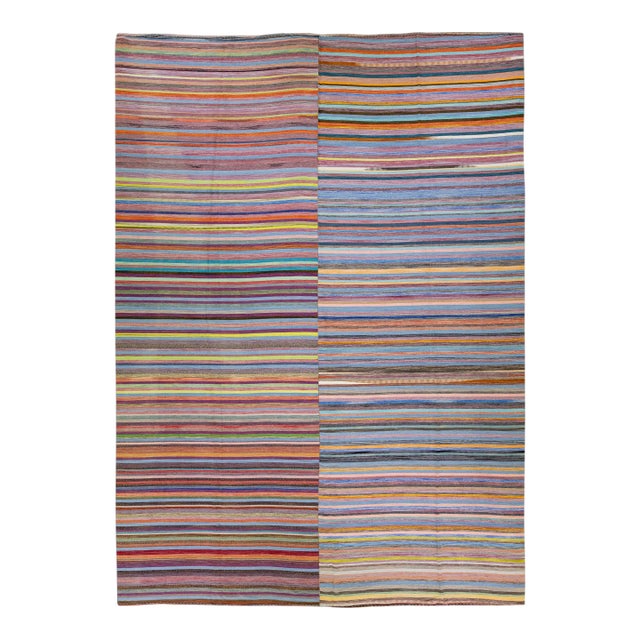 Modern Striped Kilim Flatweave Multicolor Handmade Wool Rug For Sale