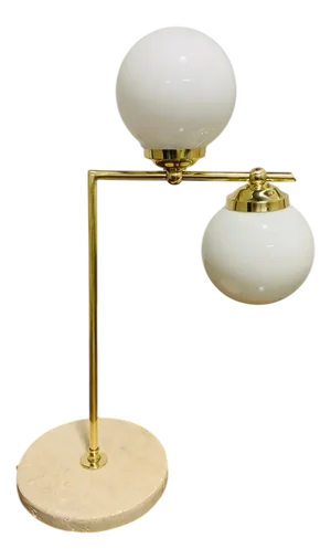 Art Deco Table Lamp in Brass and Marble with Opal Glass Spheres, Italy, 1940s