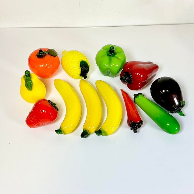 Mid-Century Italian Venetian Glass Fruit & Vegetables in Wire Bowl Murano Attributed - Set of 13 For Sale - Image 9 of 13