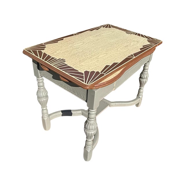 Brown Vintage Art Deco Porcelain Enamel Drop Leaf Kitchen Table With Drawer For Sale - Image 8 of 9