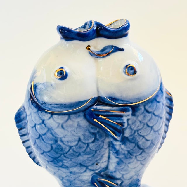 Late 20th Century Blue and White Porcelain Kissing Koi Fish Vase For Sale - Image 5 of 12