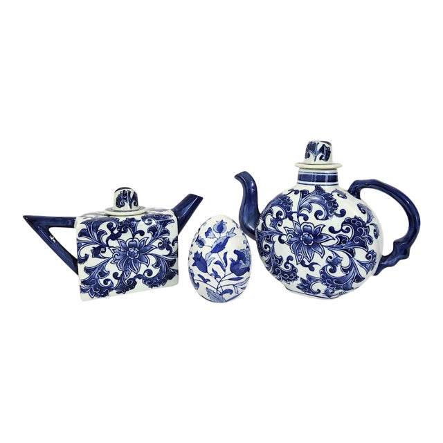 Vintage Chinese Blue & White Porcelain Tea Pot Set & Ornamental Egg Paperweight - 3 Pieces For Sale