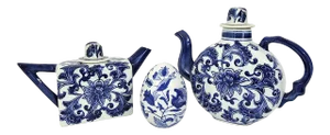 Vintage Chinese Blue & White Porcelain Tea Pot Set & Ornamental Egg Paperweight - 3 Pieces