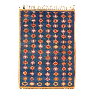 Vintage Moroccan Rug With Navy Blue Field and Gold Geometric Medallions 4 X 6'1 For Sale