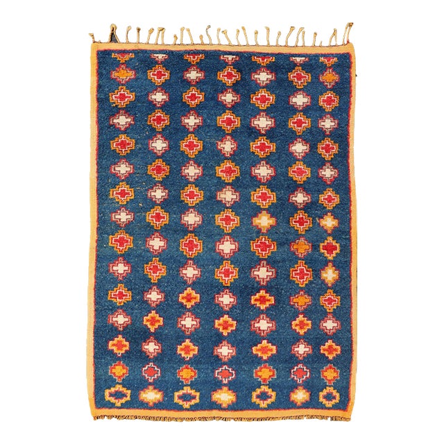 Vintage Moroccan Rug With Navy Blue Field and Gold Geometric Medallions 4 X 6'1 For Sale