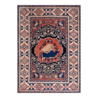 1880s Red Animal Hunting Scene Antique Persian Khorassan Moud Rug 9' X 11' 8" Handknotted Wool Carpet For Sale