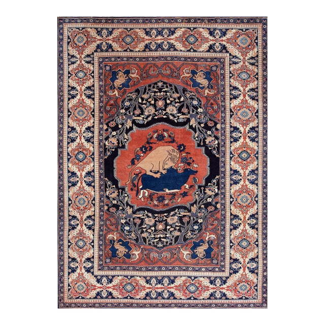 1880s Red Animal Hunting Scene Antique Persian Khorassan Moud Rug 9' X 11' 8" Handknotted Wool Carpet For Sale