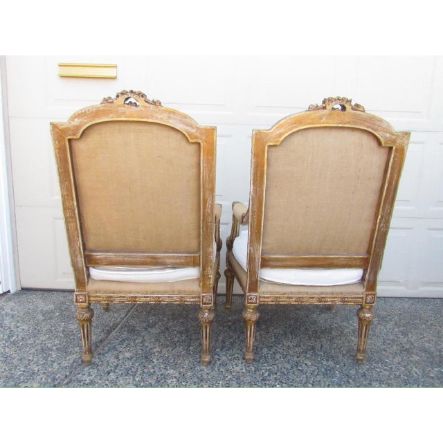 1900 - 1909 Pair of Antique French Louis XVI Style Giltwood Armchairs For Sale - Image 5 of 18