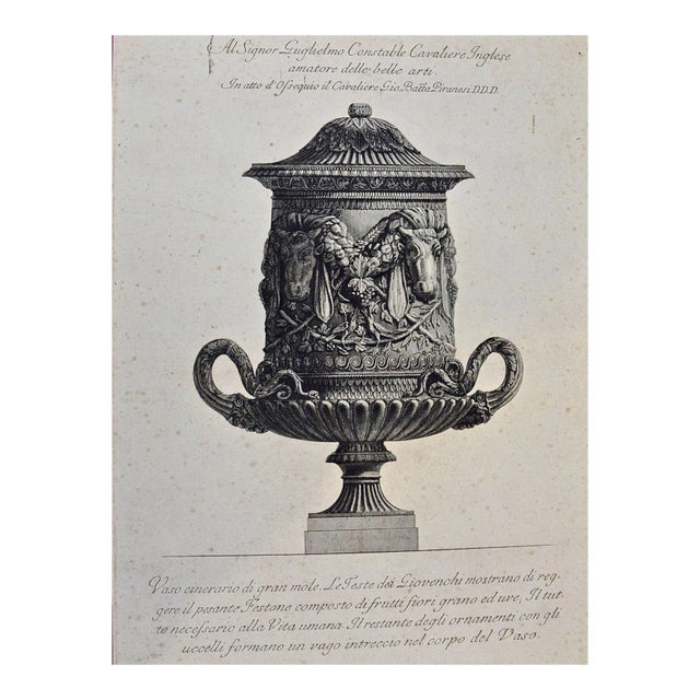 Ancient Roman Marble Vase: 18th C. Etching Vaso Cinerario Di Gran Mole by Giovanni Piranesi, 1768-1778 For Sale