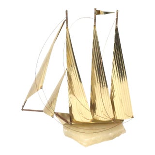 1970s Mid-Century Modern Brass Clipper Ship Sculpture on Onyx Base by DeMott For Sale
