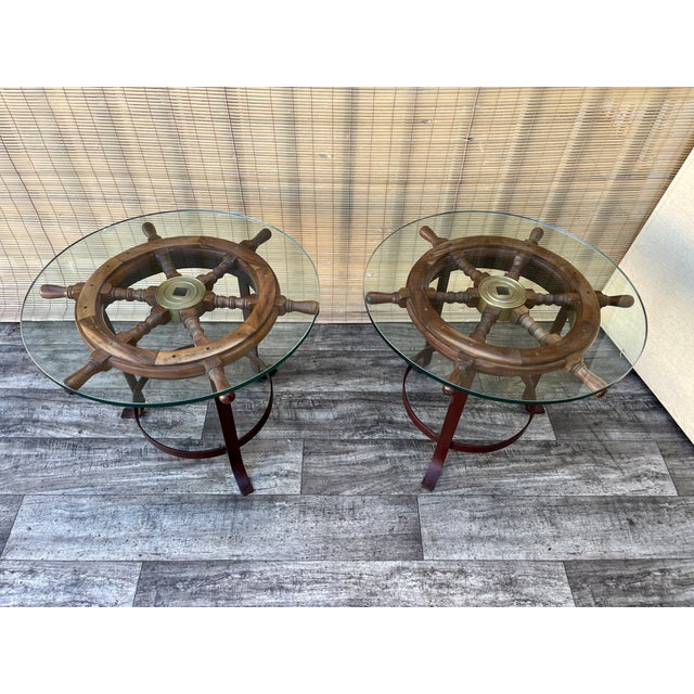 1970s A Pair of Vintage Handcrafted Ship's Wheel Glass Top Side Tables. Circa 1970s For Sale - Image 5 of 18