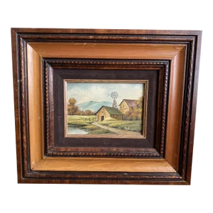 Mid 20th Century Rural Landscape with Barn Signed Painting, Framed