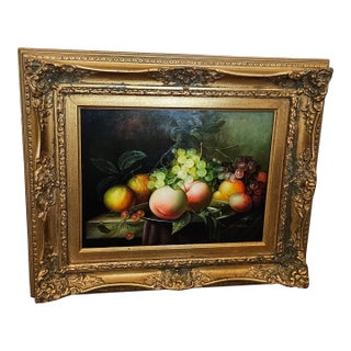 1990s J. Collins Signed Original Fruit Still Life Oil Painting in Ornate Gilt Frame For Sale