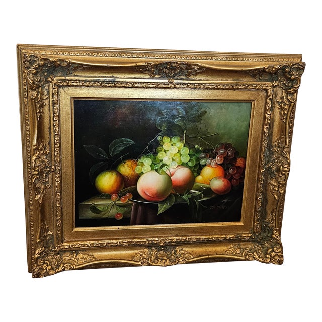 1990s J. Collins Signed Original Fruit Still Life Oil Painting in Ornate Gilt Frame For Sale