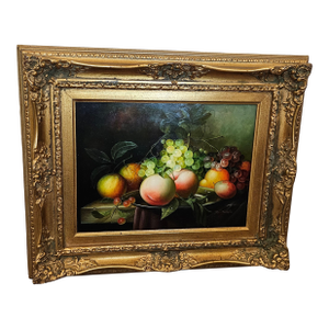 1990s J. Collins Signed Original Fruit Still Life Oil Painting in Ornate Gilt Frame