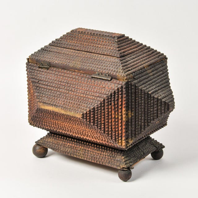 Folk Art Early 20th Century Large Tramp Art Dresser Box: Chip Carved Folk Art, Round Feet, Gold Paint Remnants For Sale - Image 3 of 16