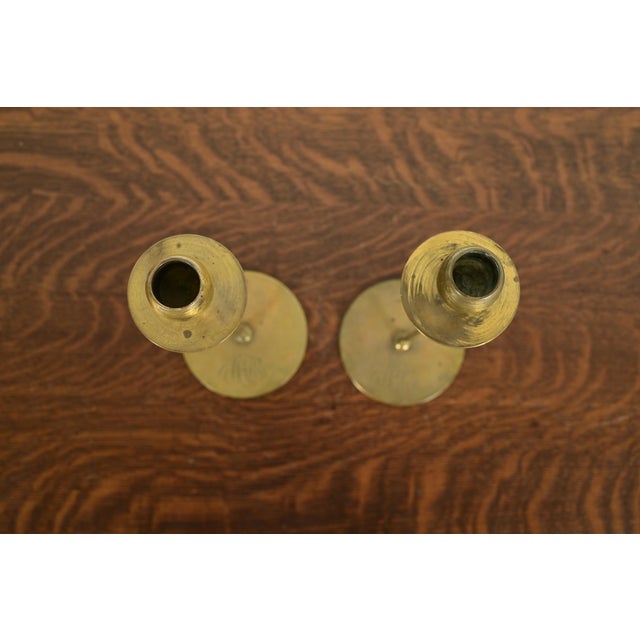 Early 20th Century Robert Jarvie Style Antique Arts & Crafts Turned Brass Tall Candlesticks, Pair For Sale - Image 5 of 11