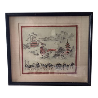 Vintage Tiny Cross Stich on Silk Framed and Glazed From Japan With a Pagodas Geisha and Warriors For Sale