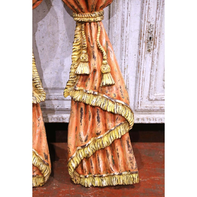 French Pair of 19th Century French Carved and Painted Wall Curtain Tieback Sculptures For Sale - Image 3 of 7