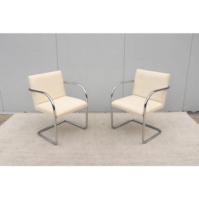 Bauhaus Ludwig Mies Van Der Rohe Brno Tubular Chairs in Cream Fabric by Gordon - A Pair For Sale - Image 3 of 18