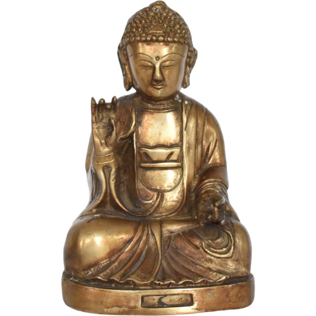 Brass A Vintage Solid Brass Blessing Buddha Statue in the Tibetan Style. 4.5"x3.5"x7.5 For Sale - Image 8 of 8