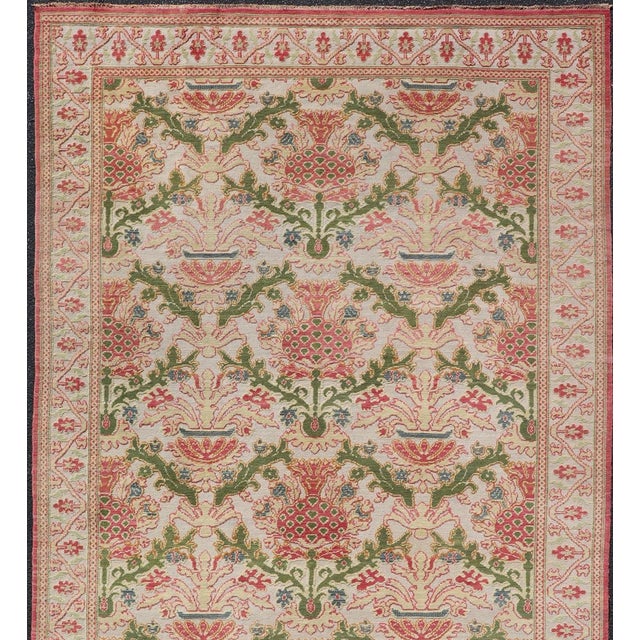 Antique Spanish Gallery Rug With Coral, Olive, and Cream Floral Design For Sale In Atlanta - Image 6 of 15