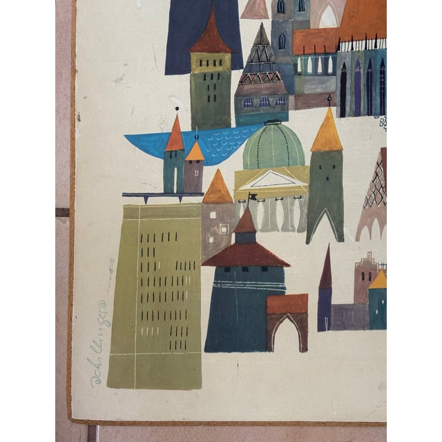 Mid-Century Modern 22" X 22.5" MCM Mounted Print: Nuremberg Germany Cityscape by Heinz Schillinger For Sale - Image 3 of 6