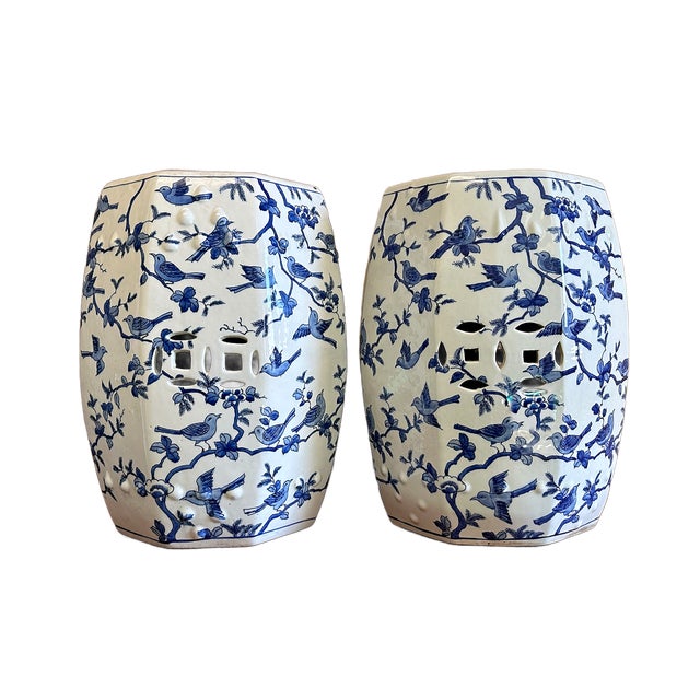 Blue Chinoiserie Blue and White Petite Birds Porcelain Garden Stools - A Pair For Sale - Image 8 of 8